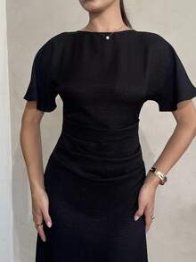 Andrea Bello Women's Linen Blended Solid Color Casual Dress, Summer,Bodycon Dress - Black - View 3