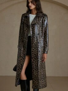 Aveloria Rosie Jachetă lungă cu imprimeu leopard, din piele întoarsă artificială, cu rever clasic, cu curea, în talie, stil european și american - Multicolor - Vizualizare 3