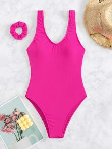 Swim Basics Summer Beach Solid One Piece Swimsuit With Scrunchie - Hot Pink - View 1
