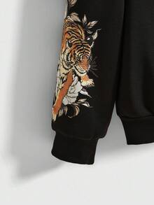 ROMWE Fairycore Sudadera con adornos de strass con estampado de tigre en bosque de bambú para tallas grandes