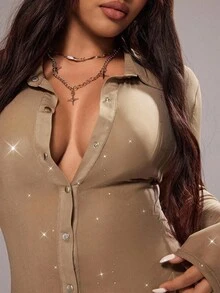 Rustia 大码女式时尚性感前扣修身衬衫 - 棕色 - 查看 1