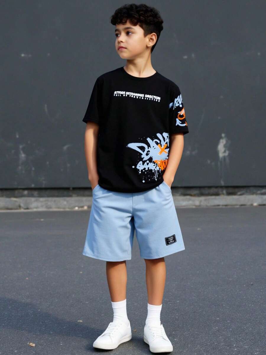 SHEIN Tween Boy Sports Letter Print Knit Short Sleeve T-Shirt And Shorts Set - Baby Blue - View 1