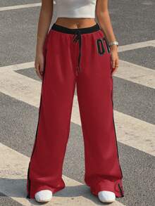 SHEIN EZwear 大码女式抽绳腰部数字印花侧条纹阔腿宽松休闲裤 - 紅色 - 查看 5