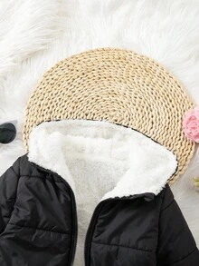 SHEIN 女婴可爱休闲保暖内衬黑色连帽棉衣，百搭保暖，适合秋冬 - 黑色 - 查看 5