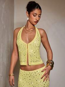 SHEIN BAE 女士优雅水晶装饰黄色露脐上衣，水钻上衣，夜店上衣，派对上衣 - 黃色 - 查看 4