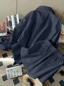 INAWLY New Stylish Linen Casual Loose Fit Long Sleeve Shorts 2 Pieces Set For Plus Size Women - Navy Blue - View 2