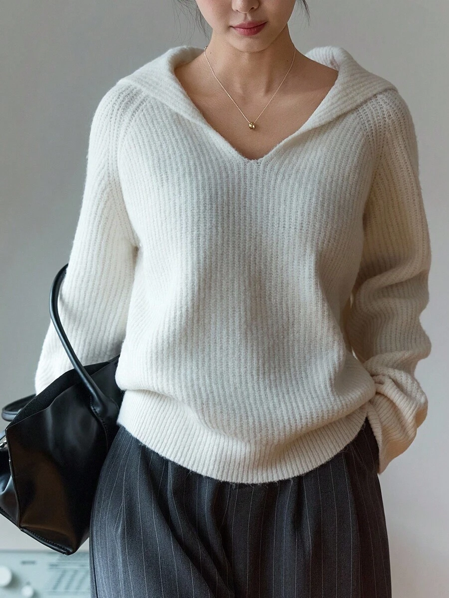 DAZY 女式宽松长袖套头休闲毛衣秋冬 - 白色 - 查看 1