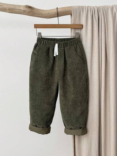 Blossori Young Boys Casual Elastic Waist Corduroy Solid Color Pants Fall Winter