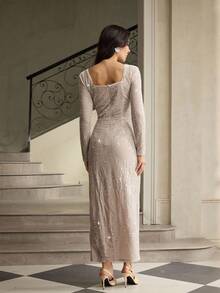 ZEYLAH 女士优雅亮片方领开衩中长连衣裙 - 杏色 - 查看 3