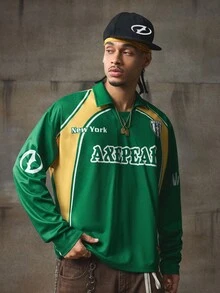 AXEPEAK Men's Fashionable Printed Turndown Collar Long Sleeve Polo Shirt, Fall