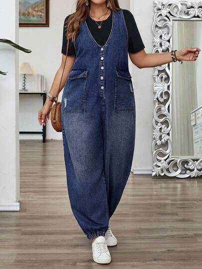 EMERY ROSE 大码女式休闲宽松口袋无袖牛仔工装裤