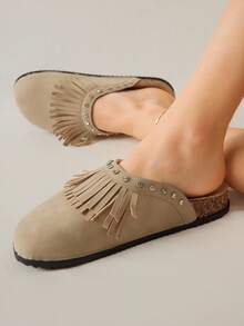 Solecia Giày Brogues mũi tròn có tua rua dành cho nữ, giày bệt có quai khóa kép đính đá lấp lánh, thoải mái khi đi làm, dự tiệc, đi làm, thời trang đa năng - Màu Khaki - Xem 8