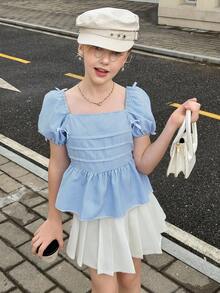 青少年女孩休闲泡泡袖蝴蝶结衬衫 - 藍色 - 查看 5