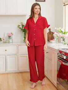 Snug Reverie Women Fashionable And Elegant Solid Ruffle Trim Top & Pants Pajama Set Lounge Set - Red - View 6