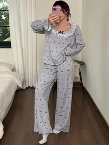 Dream Adore Conjunto de pijama de mujer con top de manga larga y pantalones con estampado de lazo, detalles de encaje de color contrastante, cómodo y elegante, ropa de otoño e invierno - Gris - Ver 4