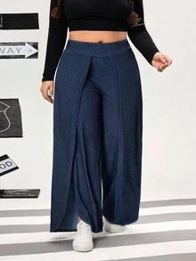 Flexra 冬季加大码女式牛仔风蓝色弹力性感高开衩喇叭牛仔裤，秋季牛仔竞技 - 深色水洗藍 - 查看 6