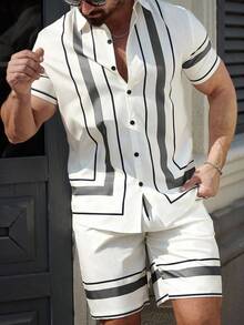 Manfinity Mode 男士撞色条纹前开襟纽扣修身短袖休闲衬衫，适合夏季度假穿着。 - 彩色 - 查看 3