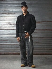 AXEPEAK Men's Washed Rhinestone Embellished Long Sleeve Denim Jacket, Stylish Short Outerwear, Fall - Black - View 5