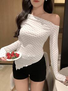 DAZY Áo thun dài tay nhún bèo lệch vai gợi cảm cho nữ - trắng - Xem 3