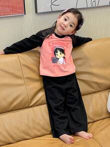 DAZY 2pcs Baby Girls' Cartoon Print T-Shirt With Raglan Sleeve & Loose Solid Color Pants Pajama Set Fall,Winter Toddler Girls Clothes - Baby Pink - View 6