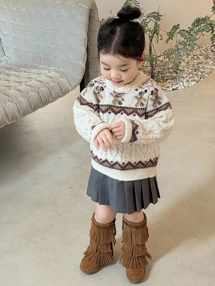 Baby Girl Round Neck Cartoon Bear Contrast Color Cute Sweater,New Year,Christmas Toddler Girls Clothes