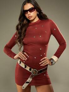 MISSGUIDED Studded Long Sleeve Mini Bodycon Dress Western Cowgirl Statement Belt Winter Fall Holiday Party Clubwear Stretch Fit - Maroon - View 1