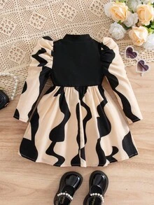 SHEIN Babygirl Elegant Colorblock Long Sleeve Vacation Dress Fall Winter - Multicolor - View 2