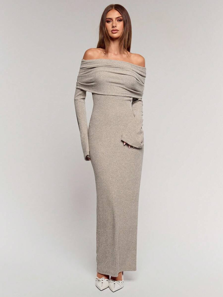 SHEIN BAE Đầm dài tay trễ vai màu trơn đơn sắc dành cho nữ, trang phục dự tiệc dành cho nữ, váy năm mới dành cho nữ, quần áo Giáng sinh dành cho nữ, váy thanh lịch dành cho nữ - Màu be - Xem 1