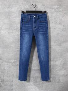 SHEIN Jeans skinny gris délavé et déchiré pour garçon préadolescent avec poches obliques, pour les vêtements de garçon au printemps et en été