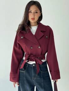 Aloruh Minimalist Commuter Brown Cinched Waist Waist Cropped Khaki Women Trench Coat, Suitable For Autumn - Coffee Brown - View 6