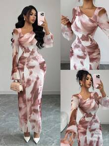 Elenzga 2025年新款秋季女式法式复古扎染印花网眼设计褶皱修身喇叭袖紧身迷你连衣裙 - 彩色 - 查看 2