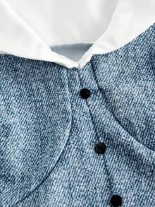 SHEIN MOD 女式牛仔效果印花荷叶边袖口纽扣设计时尚衬衫 - 藍白色 - 查看 4