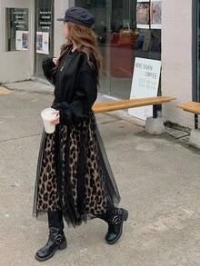 DAZY Váy dài vừa cổ tròn in họa tiết da báo, lưới vá, giản dị dành cho nữ, mùa thu - màu đen - Xem 4