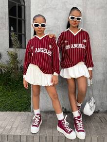 SHEIN Tween Mädchen Lässige Alltags Streetfashion Set aus burgunderrotem Sweatshirt mit Langarm und Blumen-Peplum-Rock