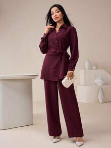 Veilorie 女式休闲纯色衬衫和裤子两件套 - 酒紅色 - 查看 2