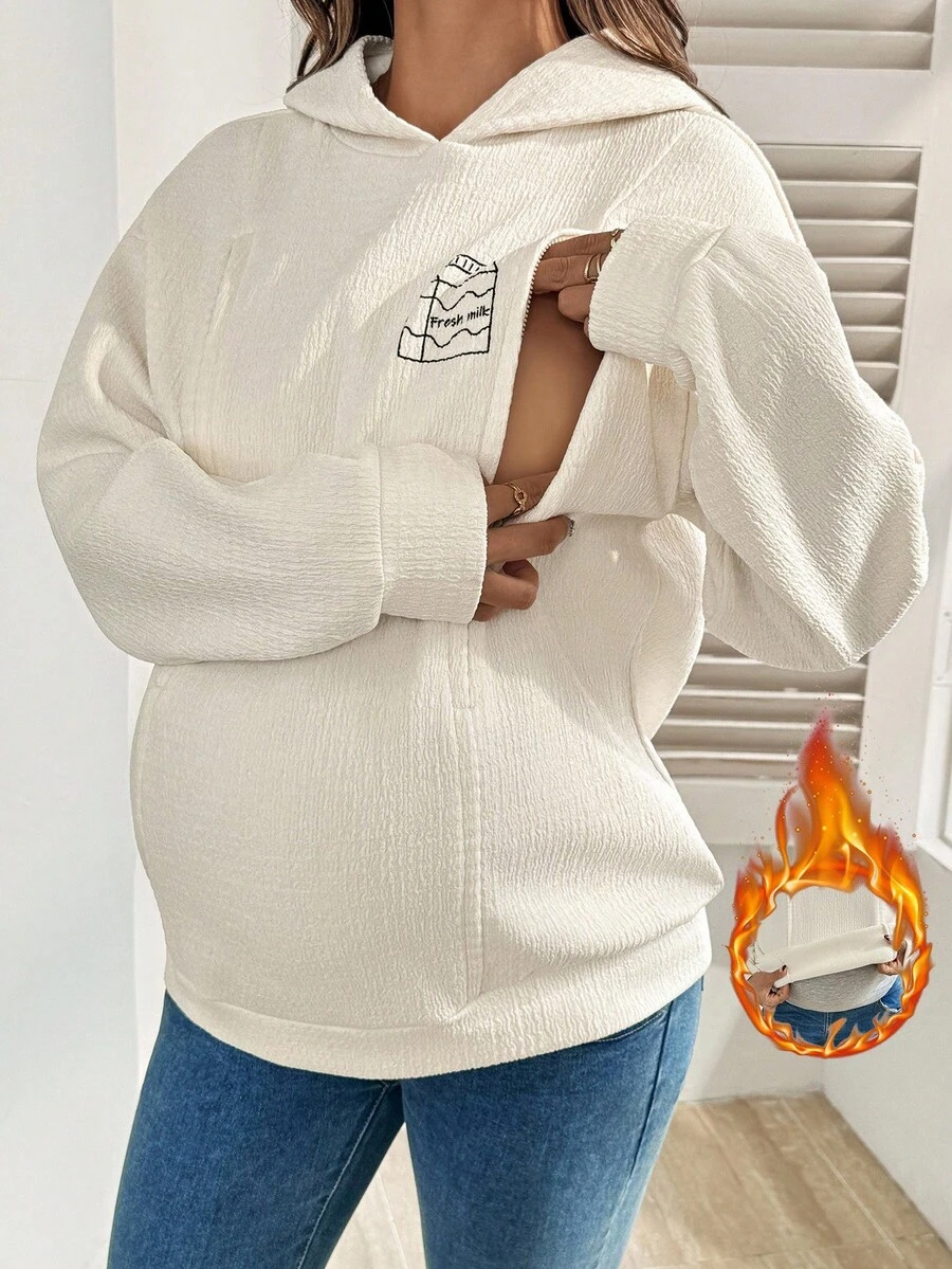 SHEIN Autumn And Winter Maternity Casual Hooded Drop Shoulder Long Sleeve Fleece Sweatshirt, Autumn/Winter Maternity Sweatshirts Maternity Hoodies Nursing Hoodies Breastfeeding Hoodies Pregnancy Clothes