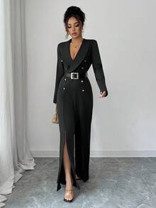 Elenzga Women's Fashionable Elegant Shawl Neck Double-Breasted Jumpsuit