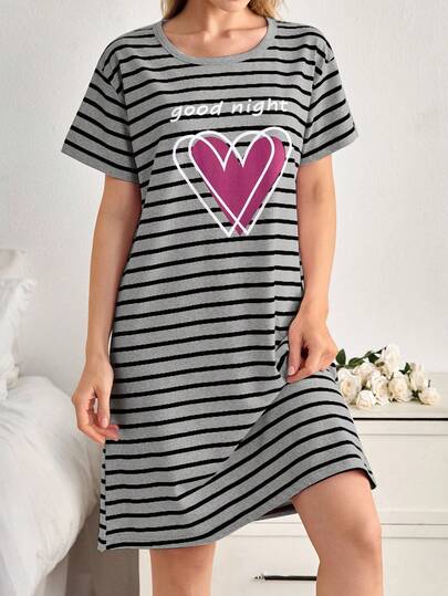EURM Katoenen Women Round Neck Colour Gestreepte Heart Printed Short Sleeved Pajama Dress view 8