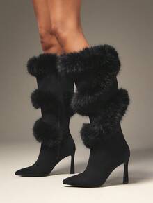 SHUZIA Giày bốt cao gót hở mũi bằng lông giả quyến rũ dành cho nữ, khóa kéo bên hông - màu đen - Xem 2