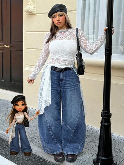 SHEIN EZwear 大码女式休闲复古高腰修身阔腿牛仔裤