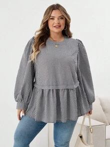 SHEIN CURVE+ Áo sơ mi tay loe cổ tròn kẻ caro đen trắng cỡ lớn thường ngày/Mùa thu/Mùa đông - Đen và trắng - Xem 7