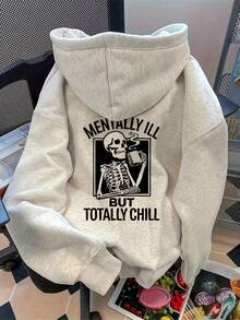 EMERY ROSE Plus Size Women's Slogan And Skull Print Dropped Shoulder Long-Sleeved Casual Sweatshirt Winter Fall Autumn Halloween - Light Grey - View 2