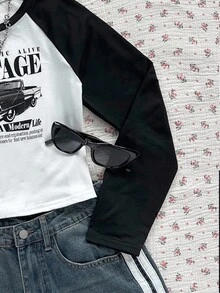 SHEIN Tween Girls Vintage Racing Car Pattern, Teen Girls Casual Minimalist Raglan Sleeve T-Shirt, Suitable For Summer Fall Winter - Black and White - View 4