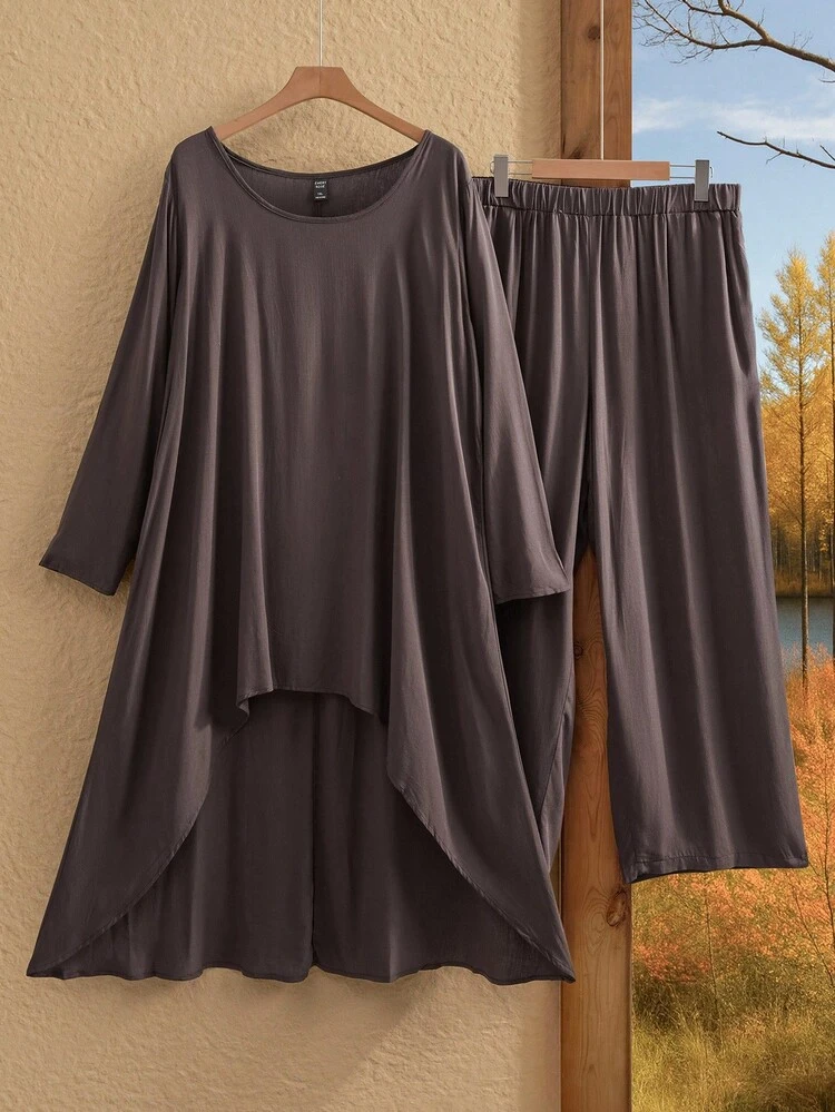 Plus Size Women's Fall Solid Color Round Neck Long Sleeve Asymmetric Hem Top And Wide Leg Pants Loose 2-Piece Set