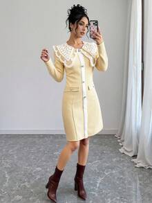 Modelyn 女式撞色蕾丝单排扣修身长袖优雅连衣裙 - 黃色 - 查看 4