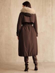 Anewsta 女士口袋腰带设计长袖拉链前毛领连帽长款休闲冬季夹克 - 棕色 - 查看 2