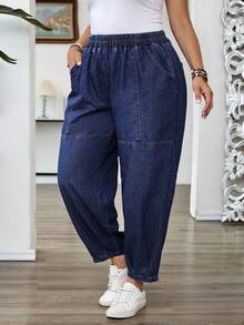 EMERY ROSE Plus Size Elastic Waist Tapered Leg Jeans, Casual Vacation - Dark Wash - View 3