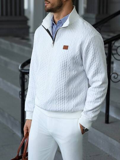 Manfinity CasualCool Men's White Autumn Casual Half Zip Stand Collar Sweatshirt,Back-To-School Minimalist Cable Knit Quarter Zip Pullover,Long Sleeve Top For Date,Travel