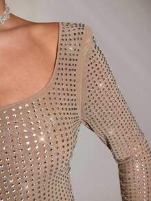 SHEIN BAE Autumn Solid Color Nude Color Rhinestone Crystal Shiny Long Sleeve Square Neck Bodycon Mini Dress, Nude Color Dress, Elegant Dress Suitable For Party, Nightclub, Cocktail Party, Banquet, Night Out, Ball,Halloween, Christmas,Winter Dress Women ,Fall Clothes For Women,Christmas Party Dress,New Year Dress,Elegant Dress Women,Wedding Guest Dress, Sequin Dress