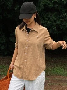 DAZY Locker geschnittenes Hemd mit besticktem Muster, Kentkragen, Langarm, Lässig Vintage Stil für Damen, Herbst/Winter - Braun - Übersicht 6